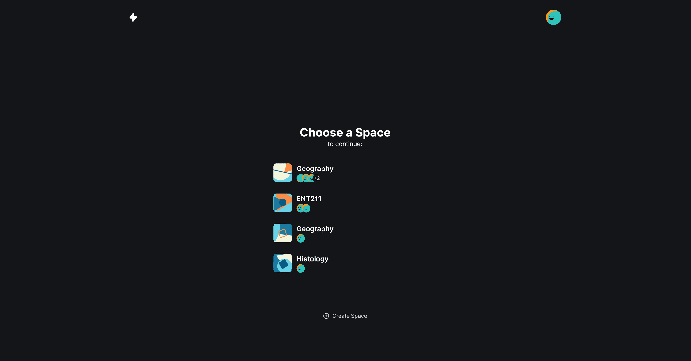 The Learnspaces space picker, listing Geography, ENT211 and Histology